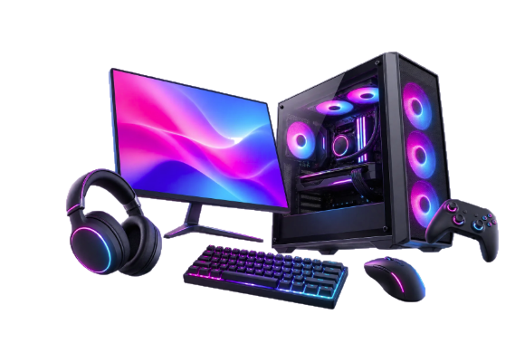 Setup ilustrativo de PC gamer con monitor, teclado, mouse, auriculares y control; revisá qué incluye cada equipo