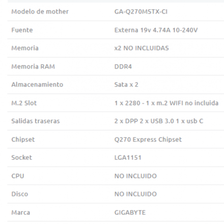 MINI PC GIGABYTE BAREBONE Q270M STX