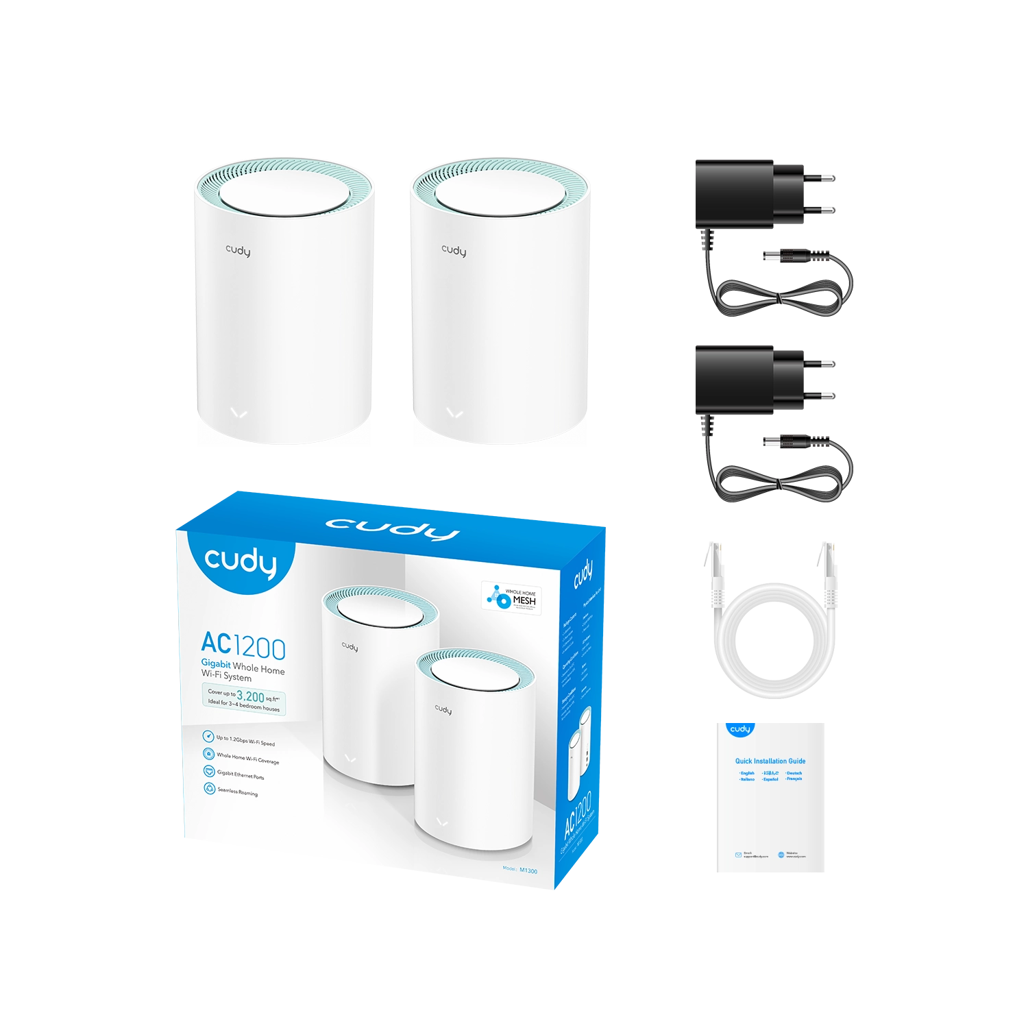 Router | Cudy | M1300 2-Pack | Mesh Wi‑Fi 5 AC1200 Gigabit Dual Band - 2 Router | Cudy | M1300 2-Pack | Mesh Wi‑Fi 5 AC1200 Gigabit Dual Band