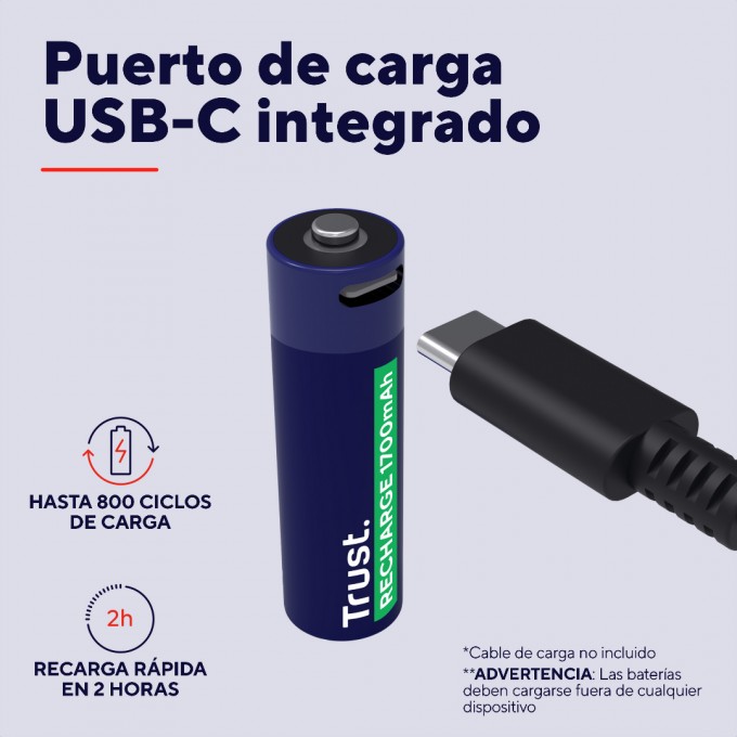 Pilas recargables AA | Trust | 25584 | USB-C, pack x2, carga en 2 horas - 5 Pilas recargables AA | Trust | 25584 | USB-C, pack x2, carga en 2 horas
