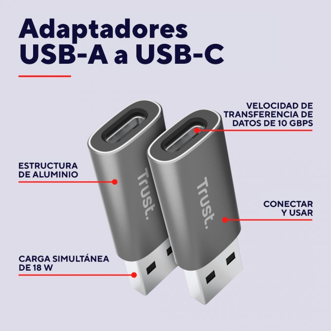 Adaptador USB-A a USB-C | Trust | Calyx 2 Pack | 10Gbps y carga 18W - 3 Adaptador USB-A a USB-C | Trust | Calyx 2 Pack | 10Gbps y carga 18W