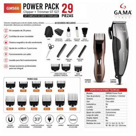 cortadora de pelo eléctrica gama gm566 29pzs clipper trimmer color negro