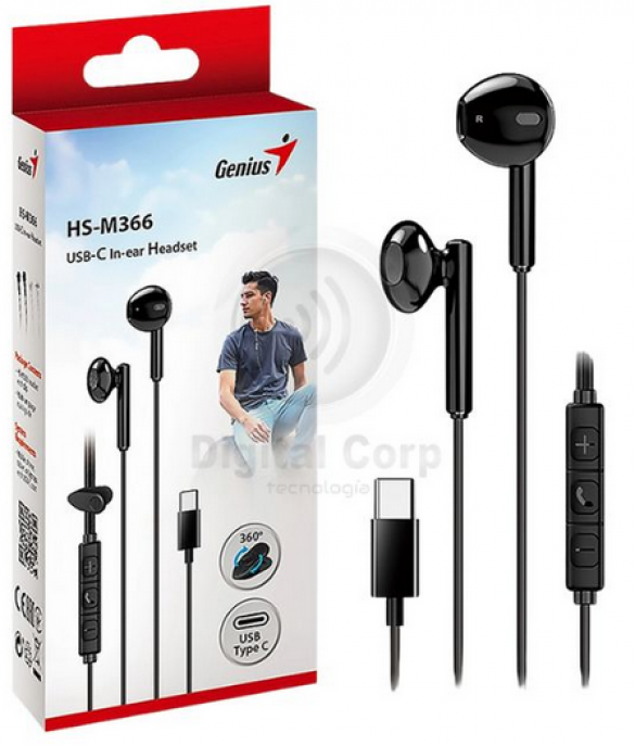 Auricular | Genius | HS-M366 | USB-C in-ear con micrófono negro Auricular | Genius | HS-M366 | USB-C in-ear con micrófono negro